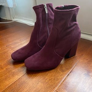 Maroon Suede Square-Toe Booties